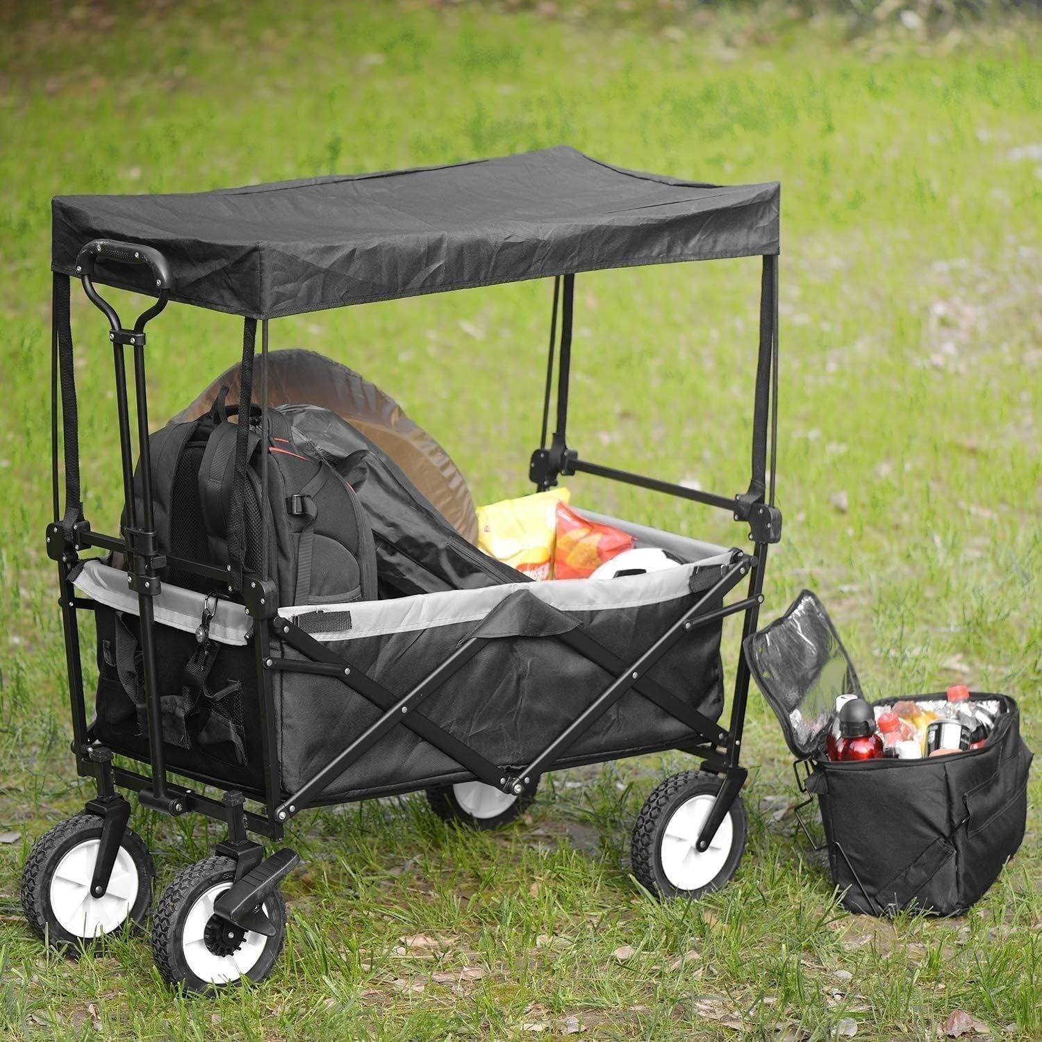 Black 150kg Folding Garden Wagon with Canopy Heavy Duty Festival Camping Trolley