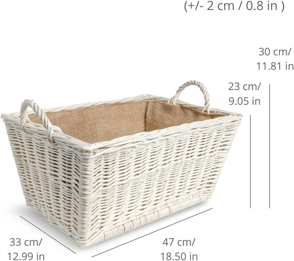 White Wicker Log Basket with Liner | Firewood Storage 47x33x30cm