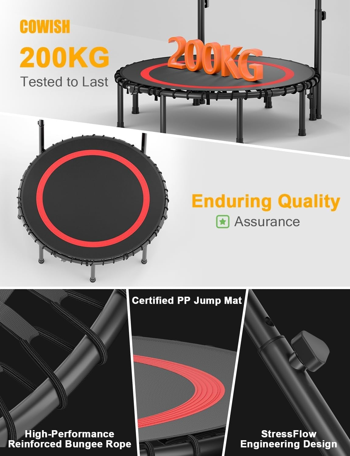 48” Foldable Fitness Trampoline Indoor Rebounder w Adjustable Handle 200KG