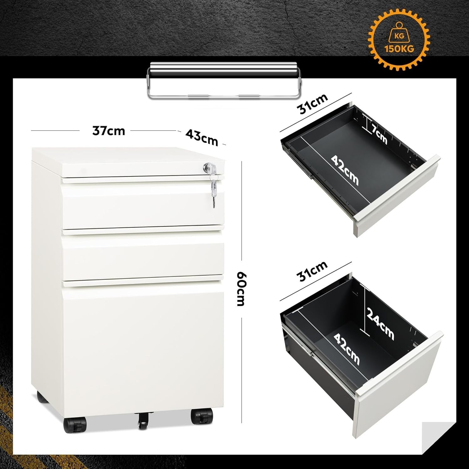 White 3 Drawer Lockable File Cabinet 43x37x60cm Mobile Under Desk