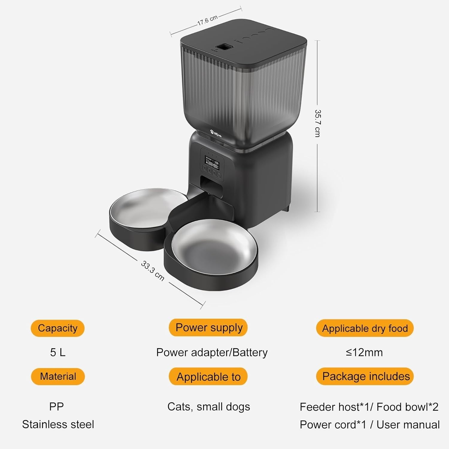 5L Automatic Cat Feeder Timed Food Dispenser 1-6 Meals Dual Power Dry Food