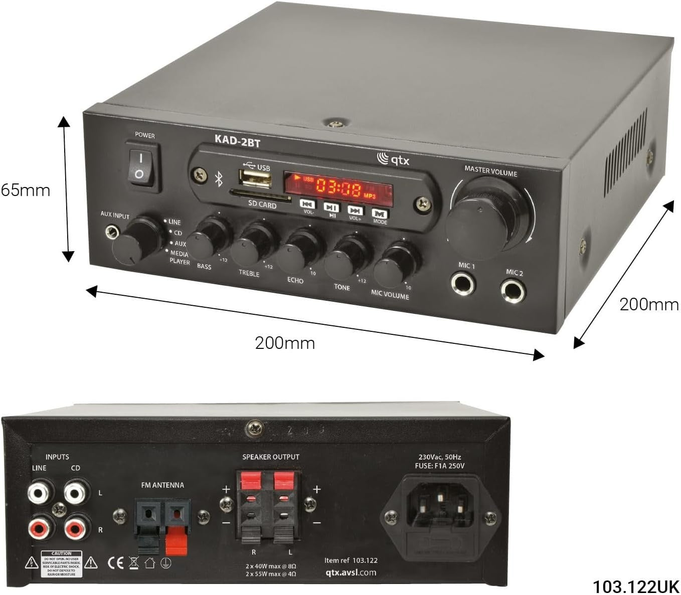 Bluetooth Stereo Amplifier 110W HiFi Receiver USB SD FM Karaoke AV Amp