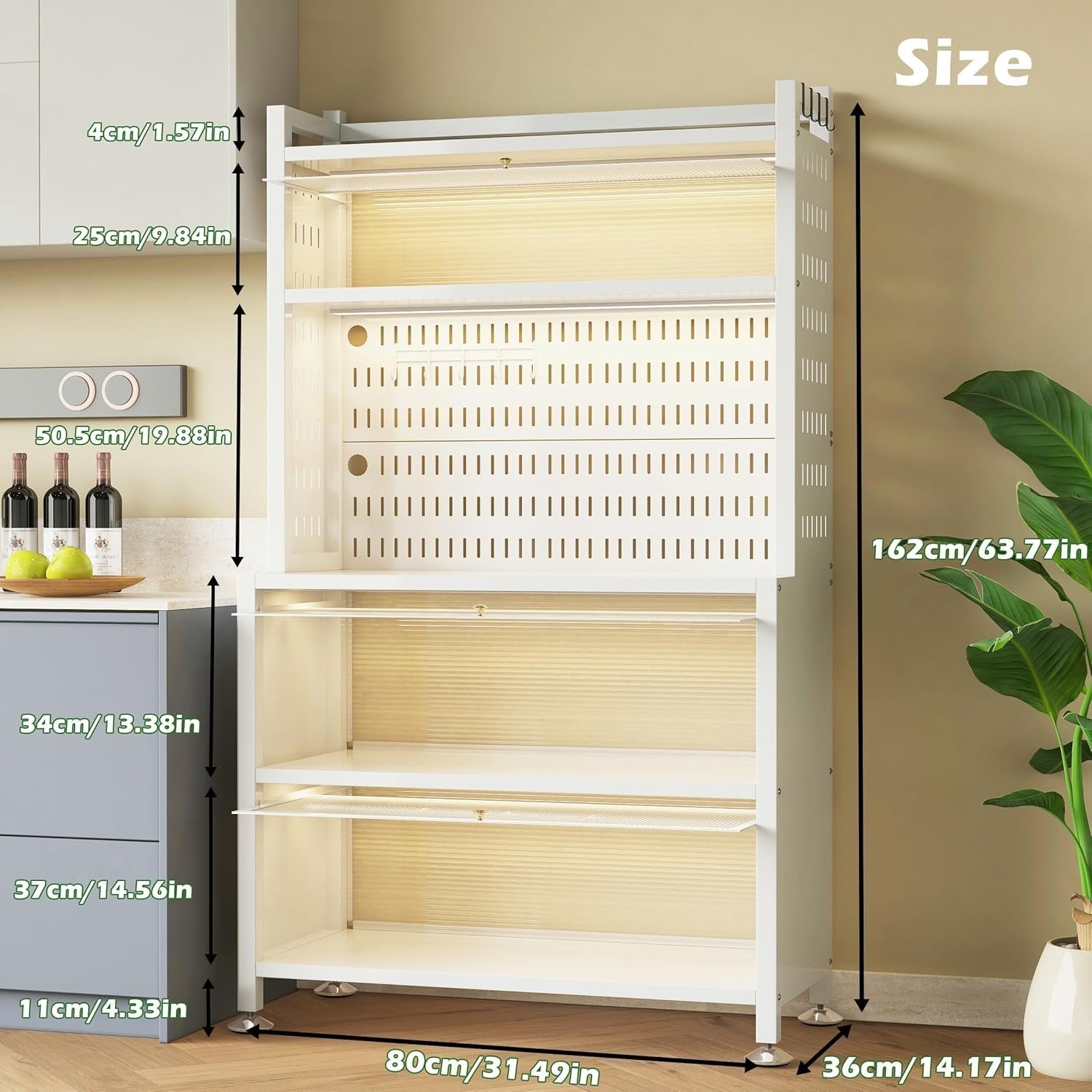 80x36x162cm White 5-Tier Kitchen Baker's Rack with Flip Doors & Wheels