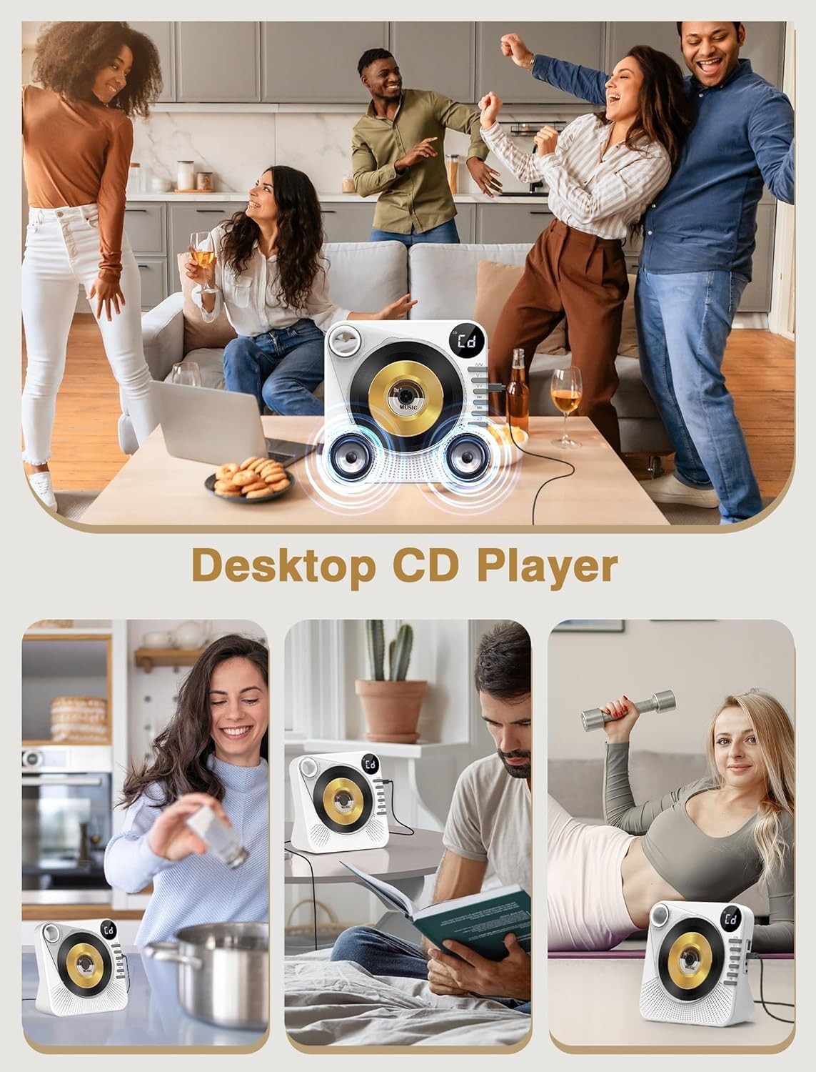Bluetooth 5.1 CD Player w Speakers LED Display Remote USB AUX White