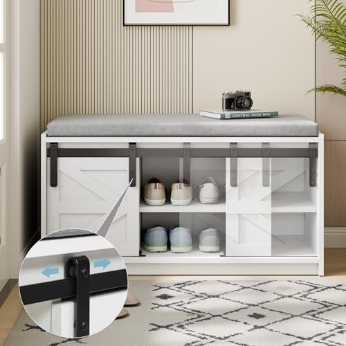 Farmhouse Shoe Storage Bench 2-Tier Sliding Barn Doors, Cushioned Seat