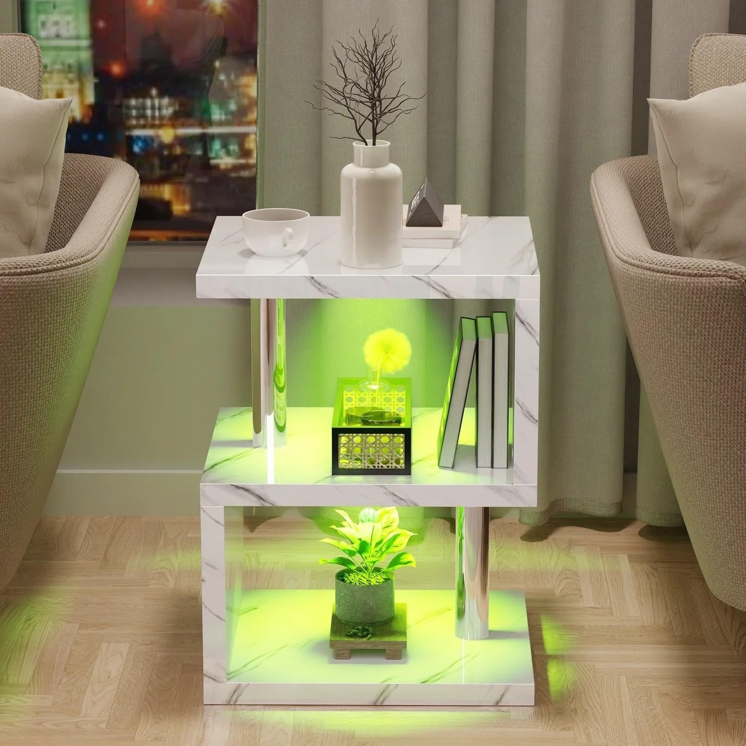 Modern White Marble S-Shaped LED Side Table with Storage & RGB Lights