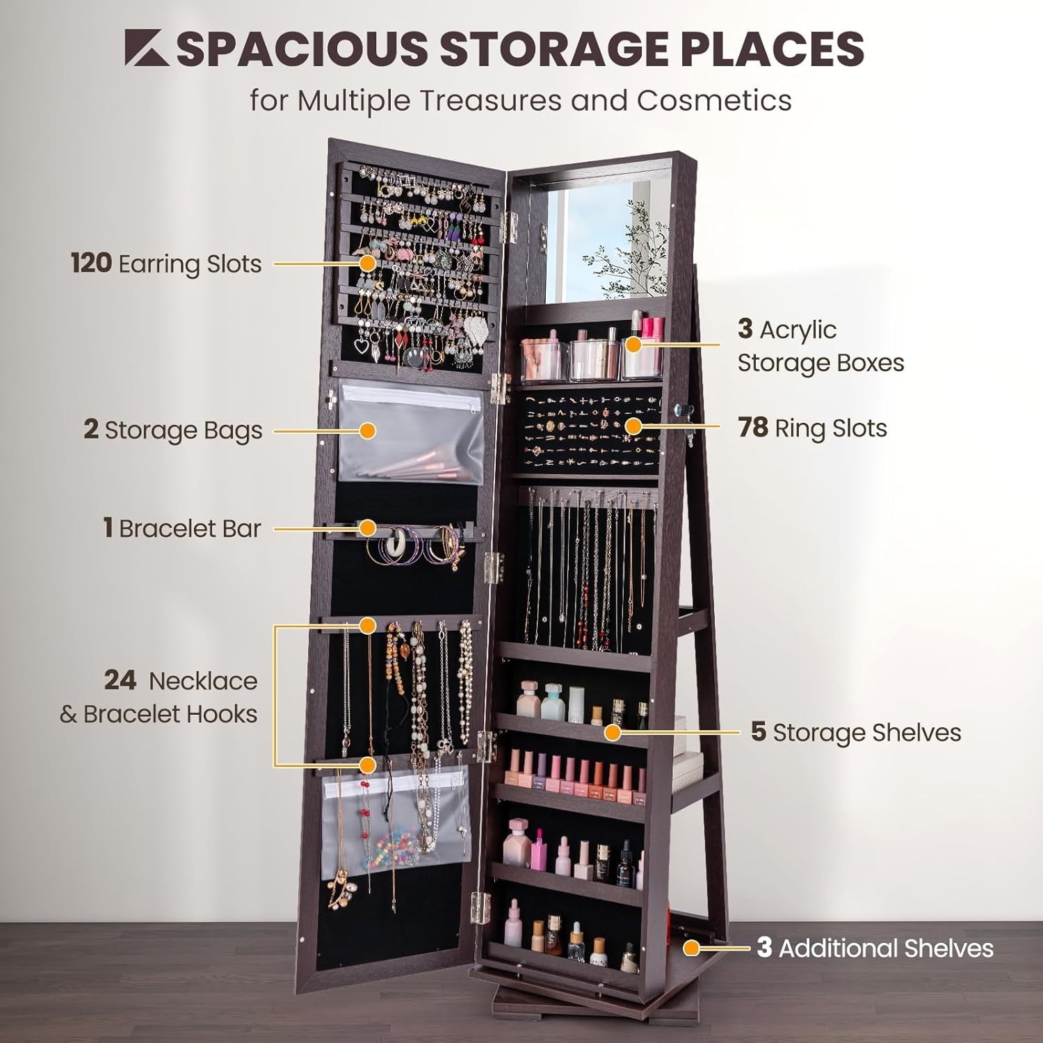 360° Swivel Jewelry Armoire Mirror Lockable Storage Cabinet with Rear Shelves