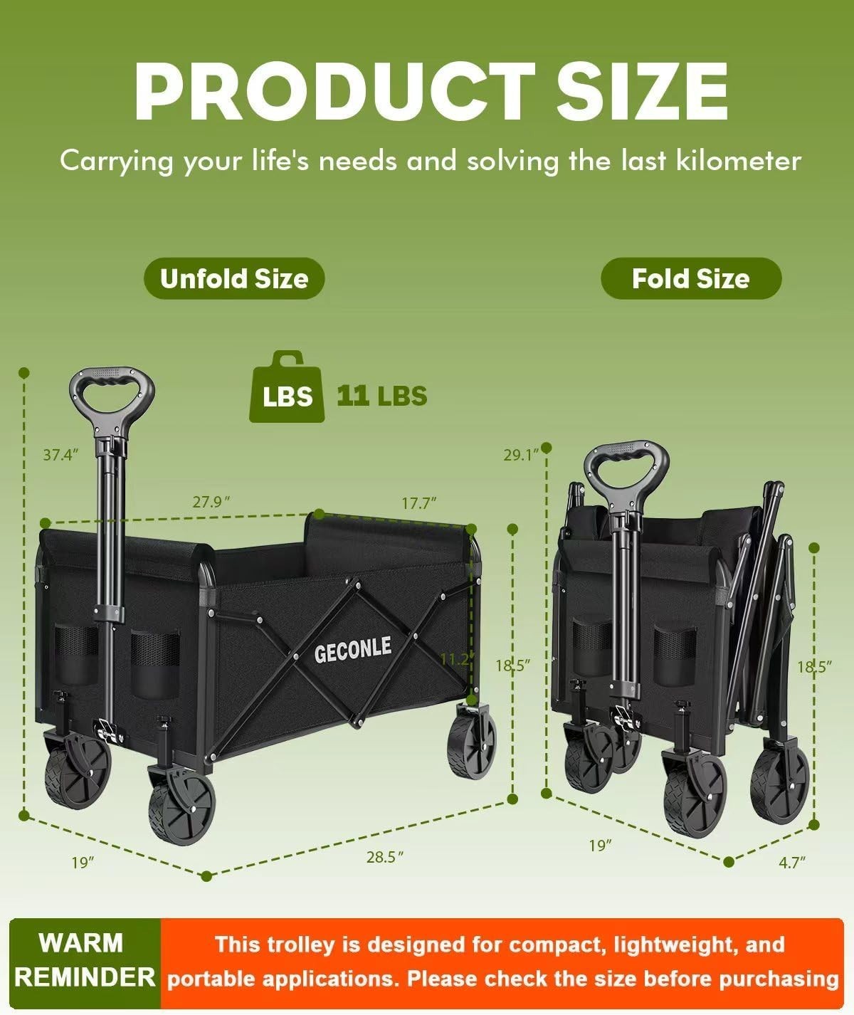 Black Folding Festival Trolley 100kg Garden Wagon Cart w/ Cup Holders & Wheels