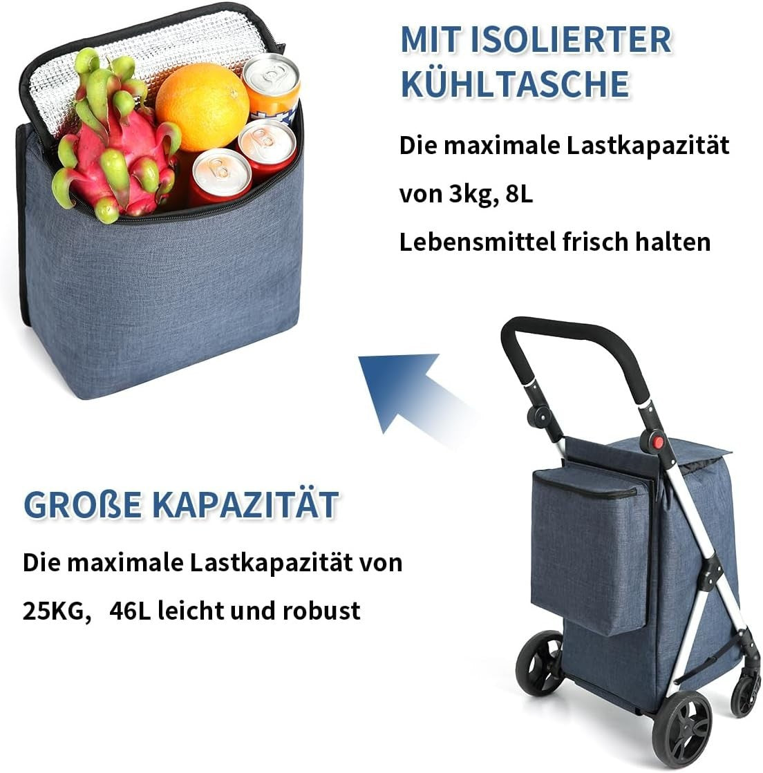 46L Folding Shopping Cart Trolley Insulated Cooler Bag Aluminum Blue