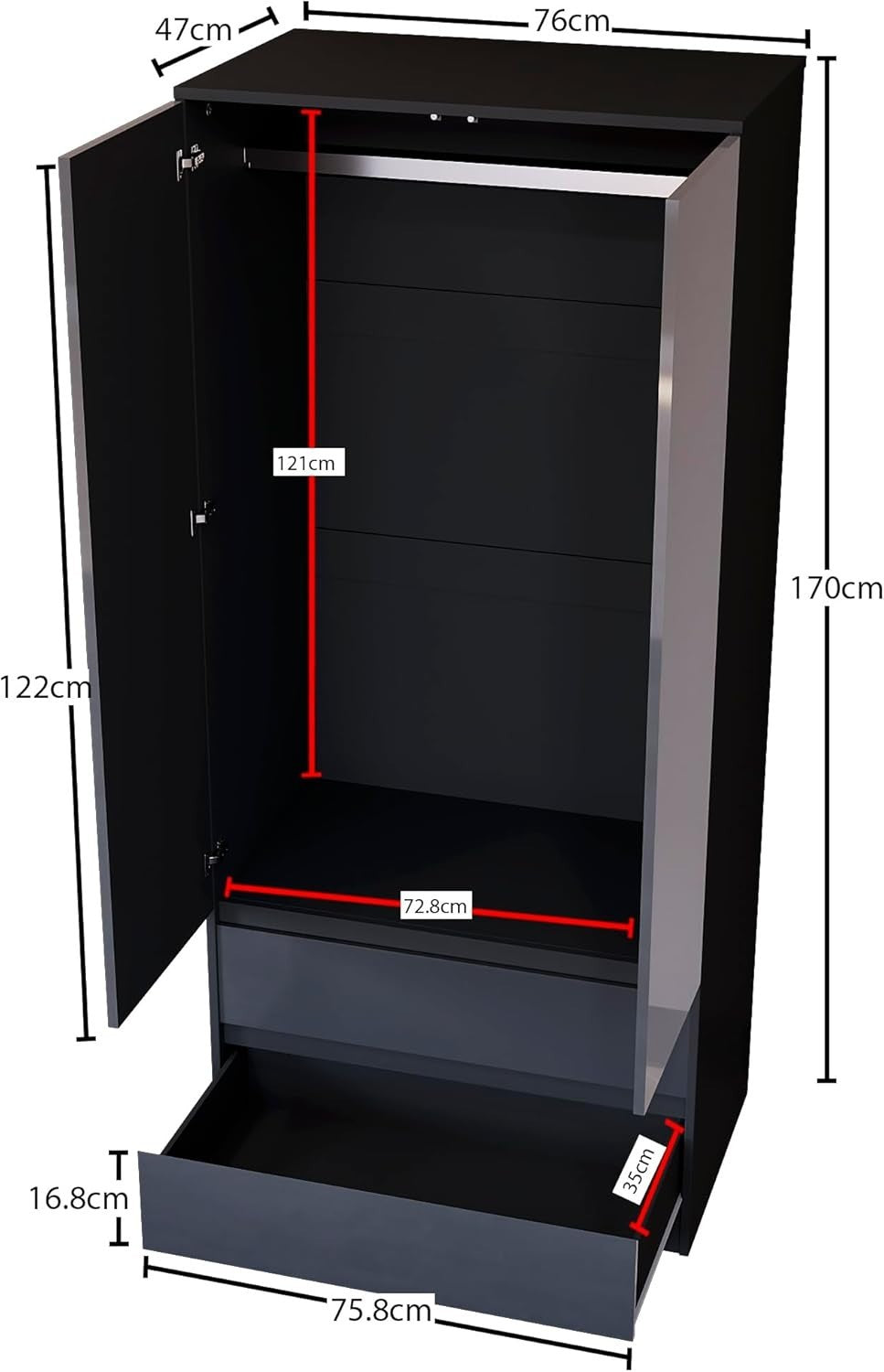 Modern 2 Door Black Wardrobe with 2 Drawers, Hanging Rail & Easy Assembly