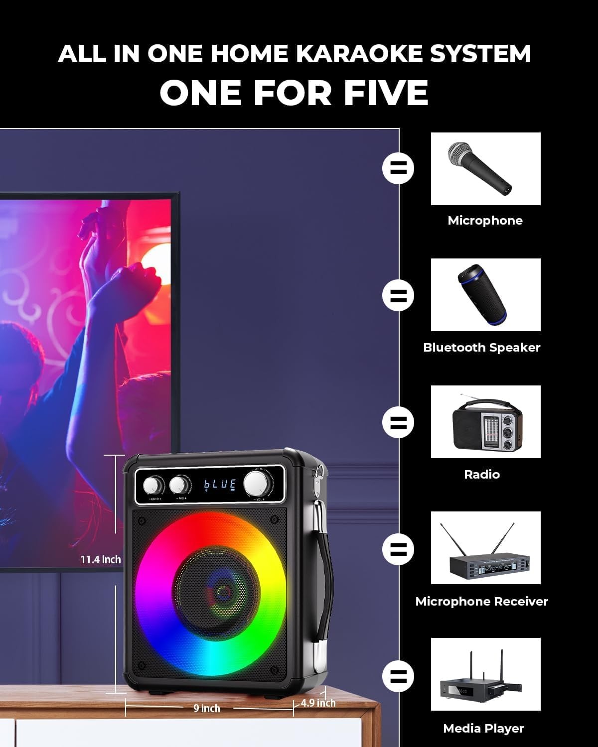 Karaoke Machine with 2 Wireless Mics Bluetooth Speaker LED