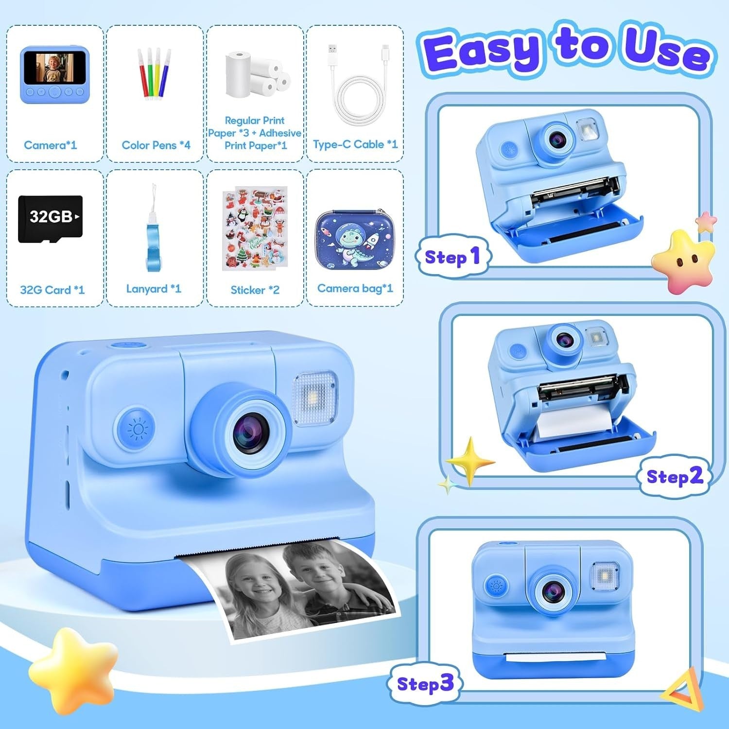 Kids Instant Print Camera 30MP 1080P HD Selfie Camera 32GB Toy Gift