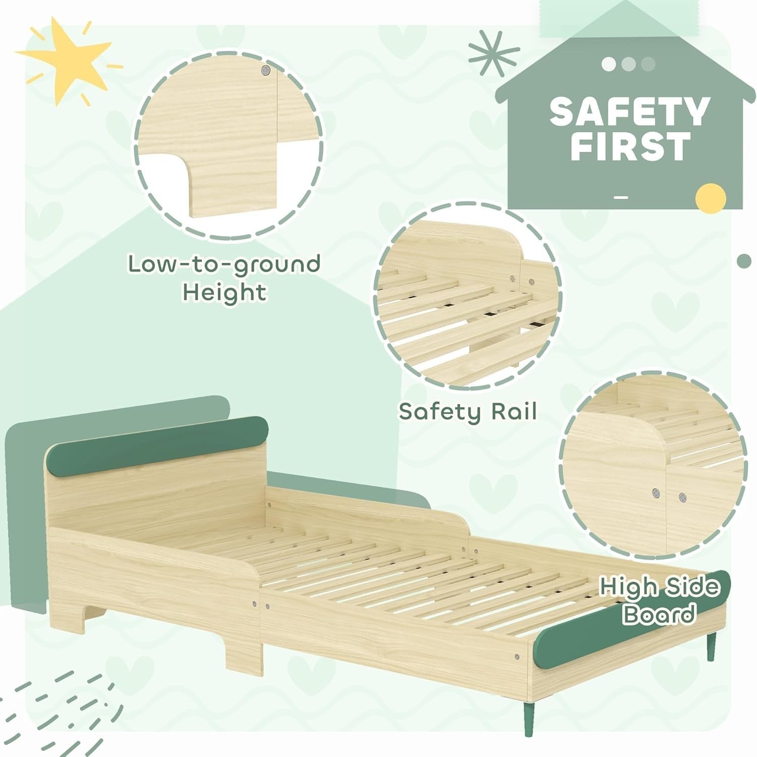 Toddler Bed with Safety Rail Montessori Kids Wooden Frame Green 195x103cm