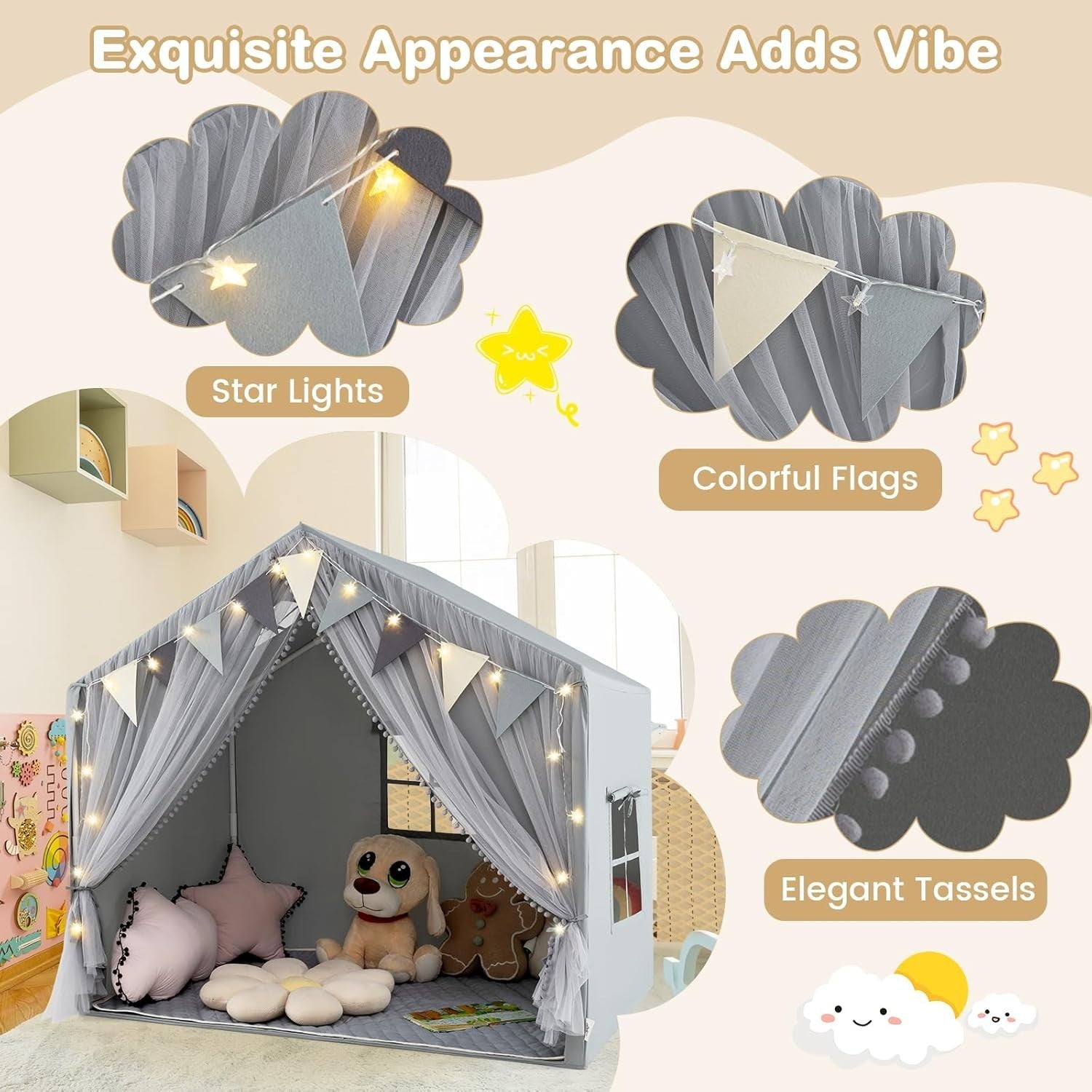 Large Kids Play Tent Castle Indoor w Star Lights Mat Windows Gift