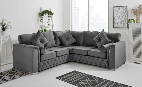 Steel Plush Velvet 5-Seater Corner Sofa – Fullback & Button Detail