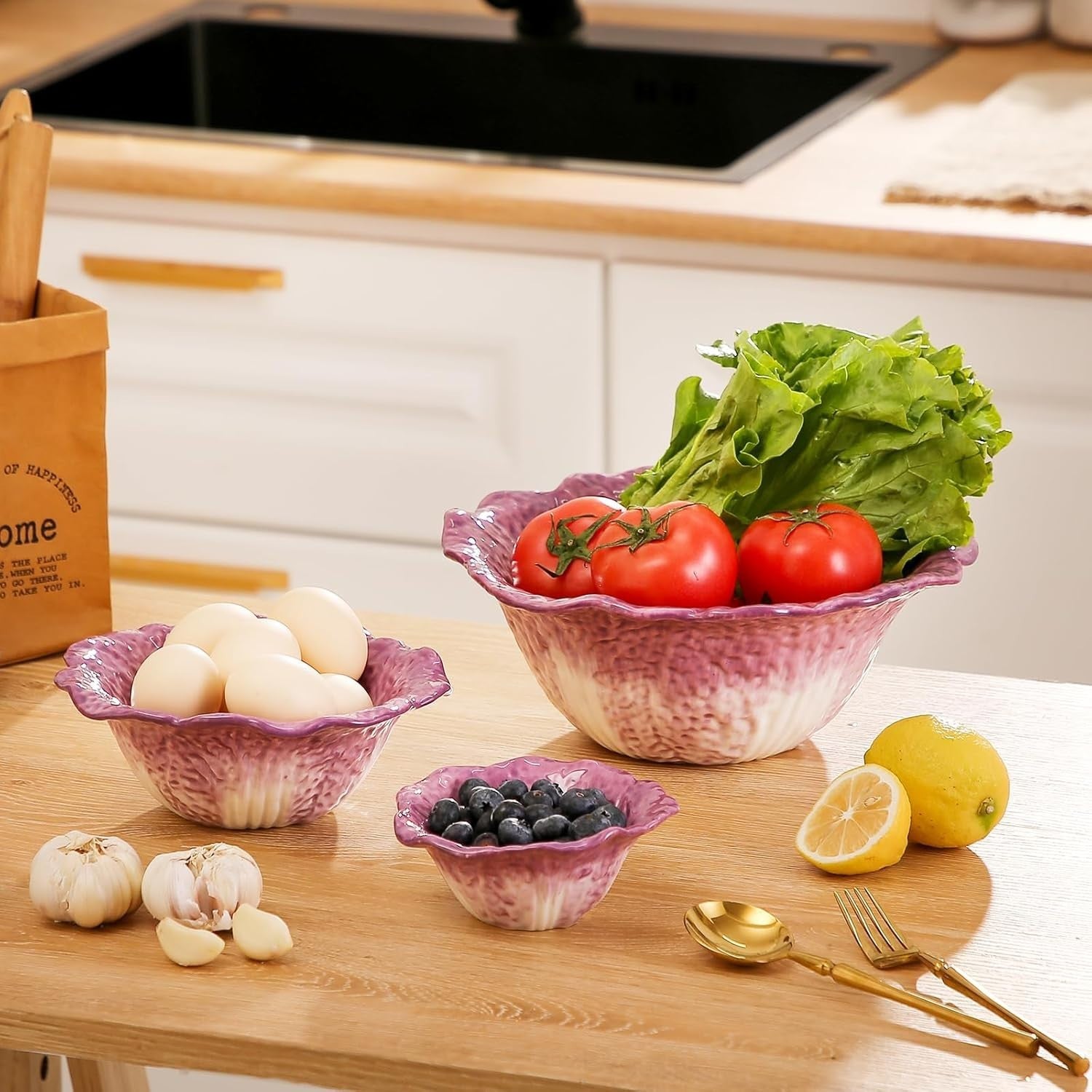Purple Ceramic Salad Bowl 60oz Hand-Painted Durable Kitchen