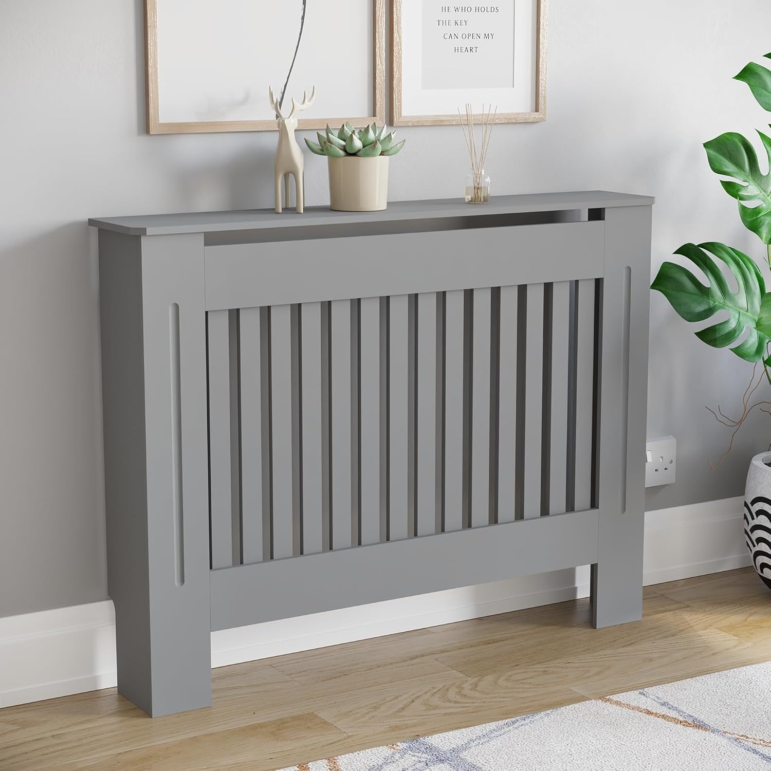 Medium Olive Grey Radiator Cover Cabinet | Modern MDF Slatted Heater Cover