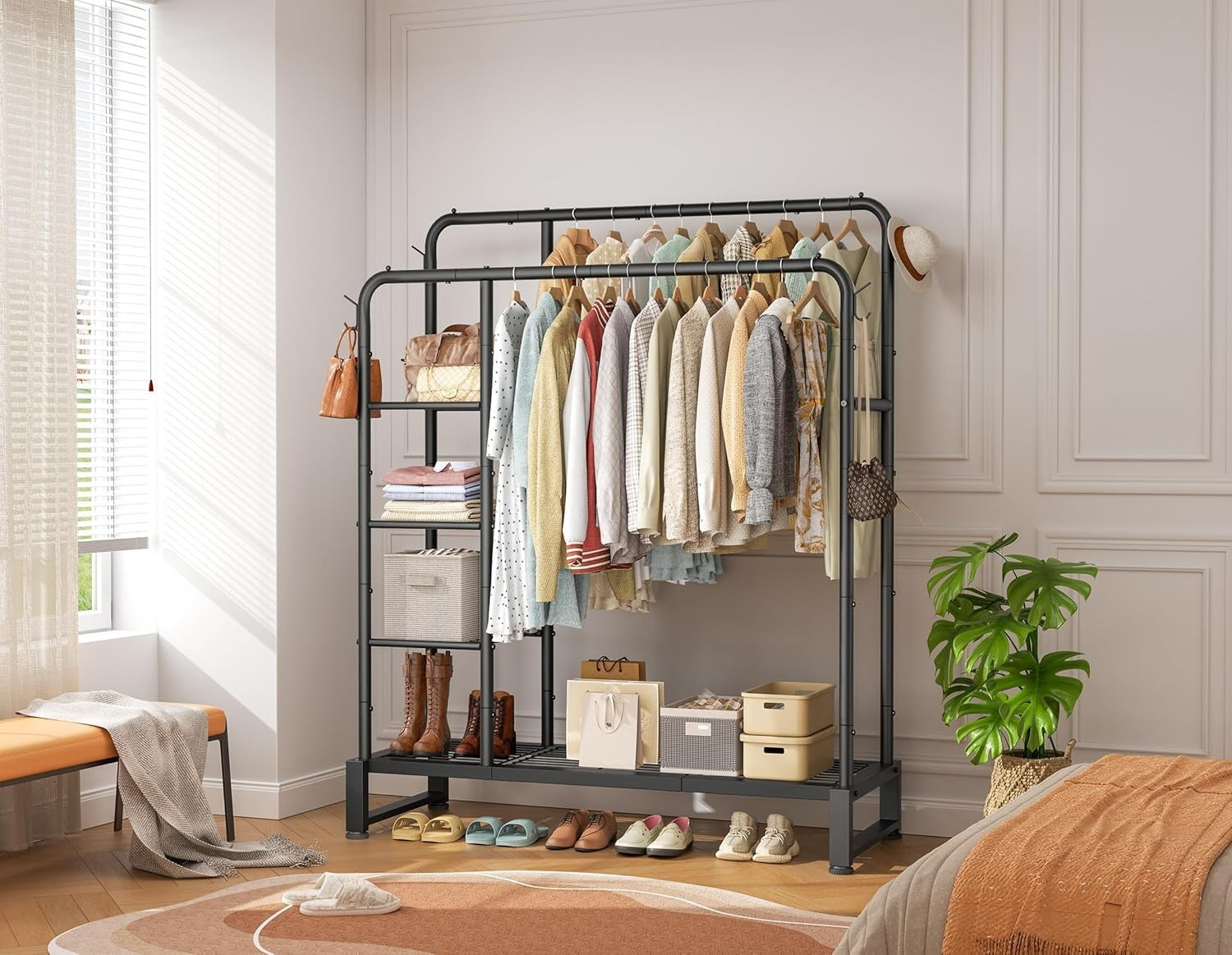 Double Clothes Rail 80KG Rack With Shelves & Hooks Black
