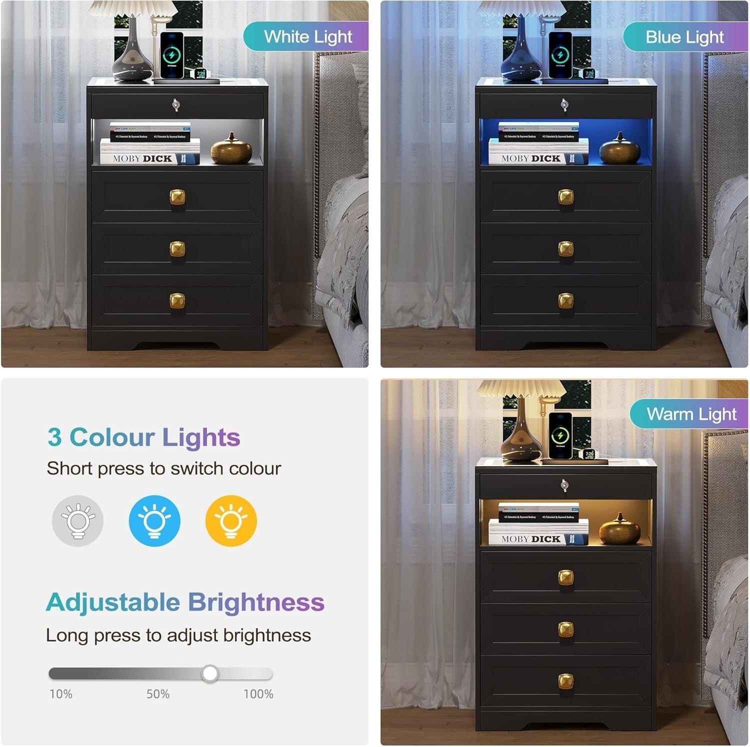 Black LED Bedside Table with Wireless Charger, Hidden Drawer & Glass Top