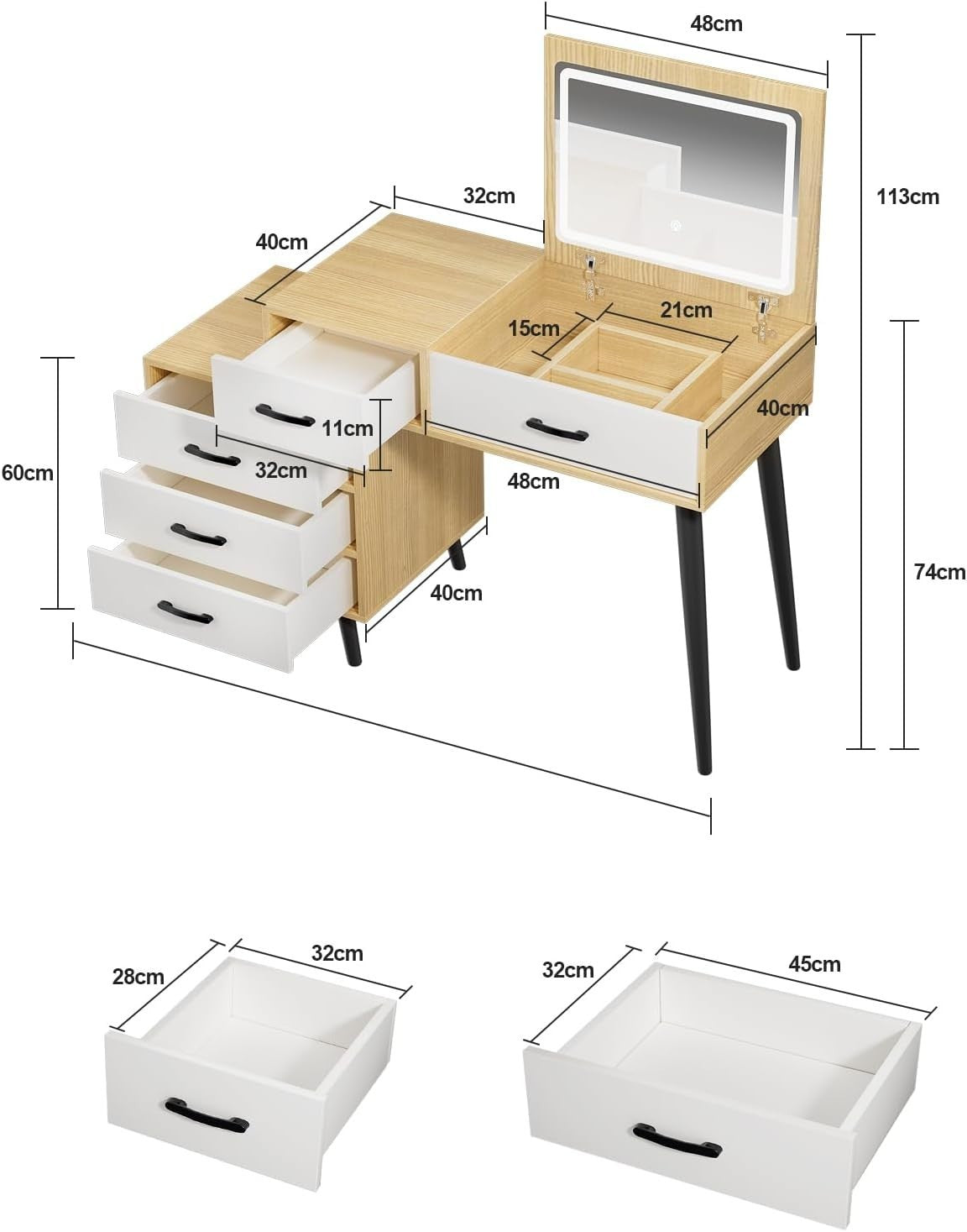 Adjustable Vanity Dressing Table Makeup Desk LED Mirror Storage Drawers