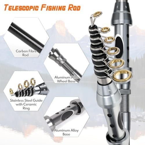 2.1m Telescopic Fishing Rod & Reel Kit with Lures, Line & Carry Bag