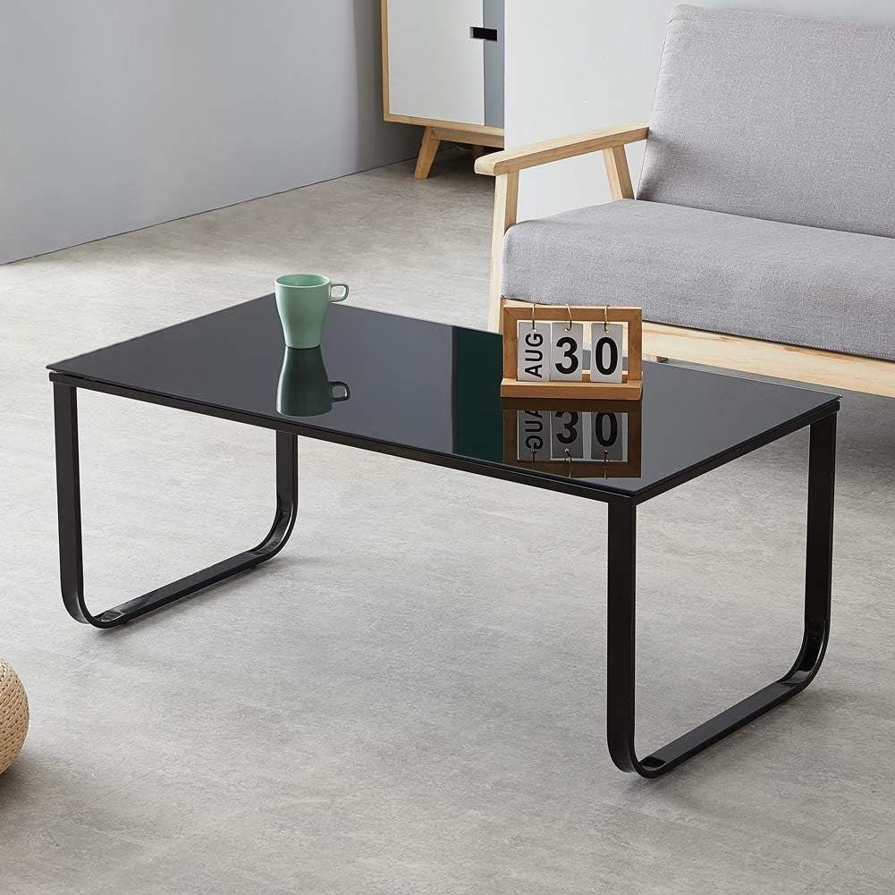 Black Tempered Glass Coffee Table with Storage & Metal Frame, 42cm Height