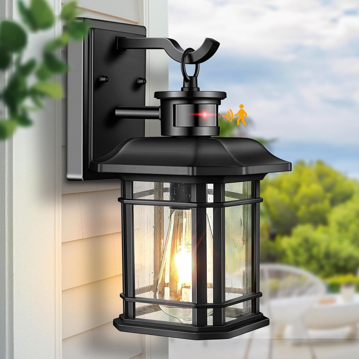 Modern Outdoor Wall Light with Motion Sensor, Waterproof Porch Lamp, Black