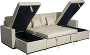 Cream Bonded Leather U-Shaped 4 Seater Sofa Bed with Storage & Pull-Out