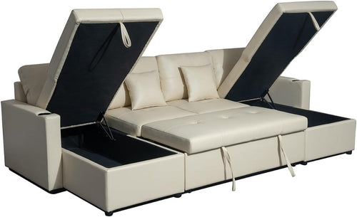 Cream Bonded Leather U-Shaped 4 Seater Sofa Bed with Storage & Pull-Out