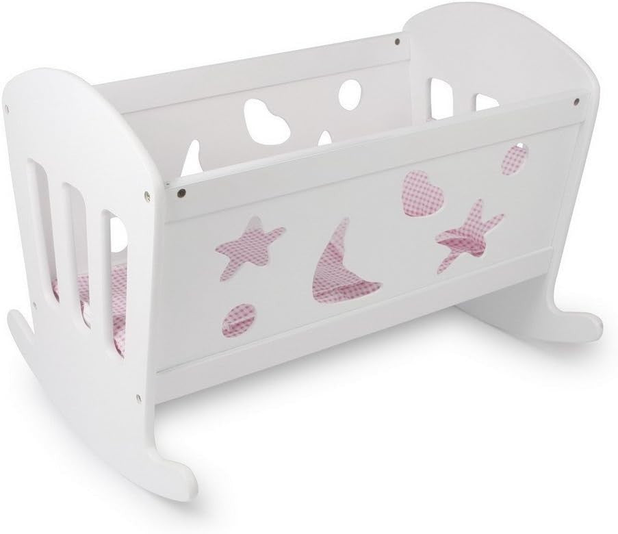 White Wooden Doll Rocking Cradle Bed with Bedding Kids Toy Furniture