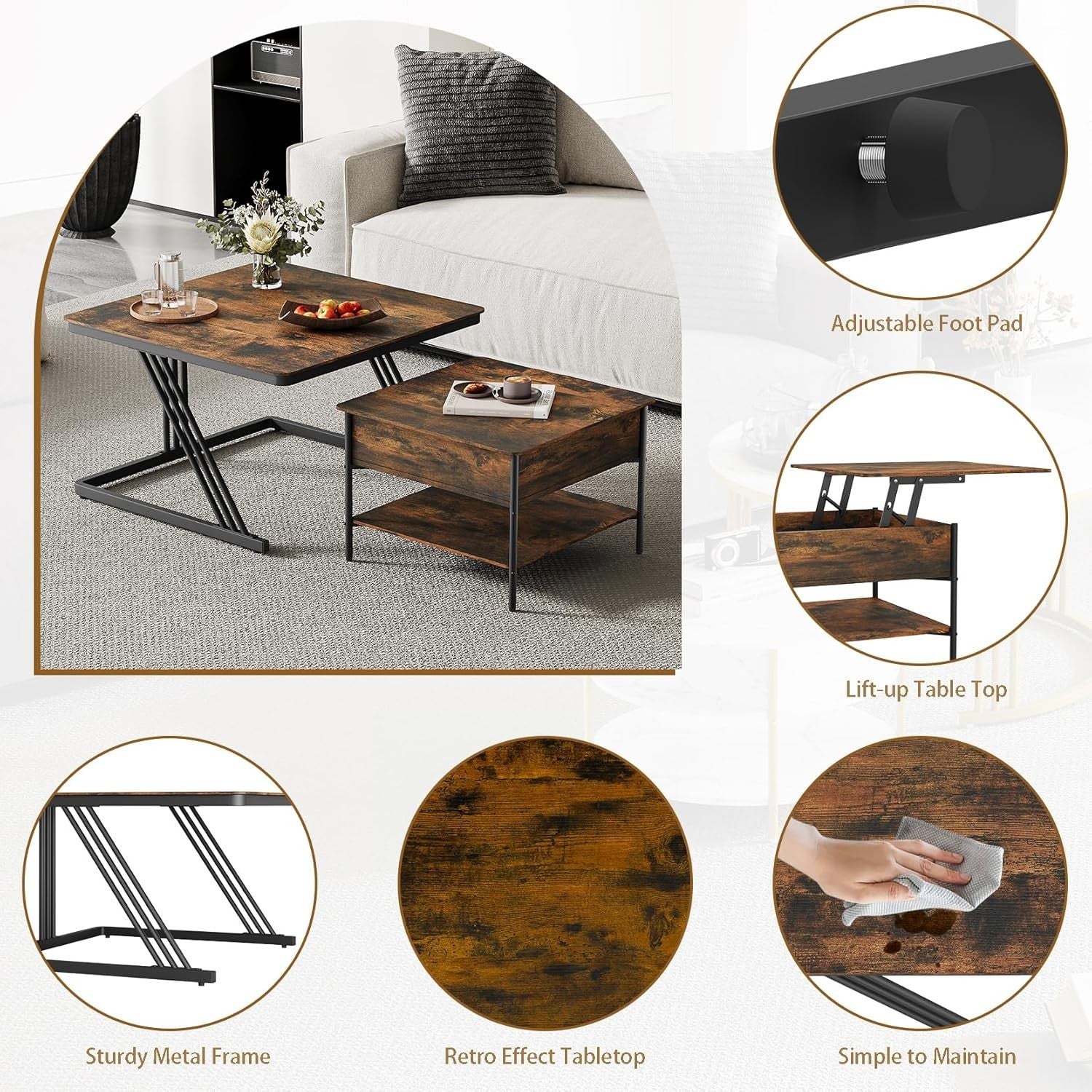 Square Nesting Coffee Table Set 2, Lift Top Storage, Walnut & Black, Space Savin