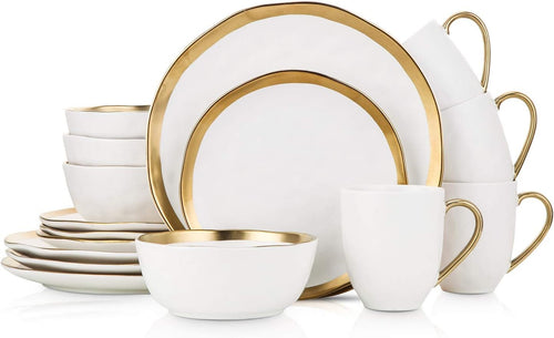 White Porcelain Dinnerware Set 32 Piece Service for 8 Gold Rim Plates