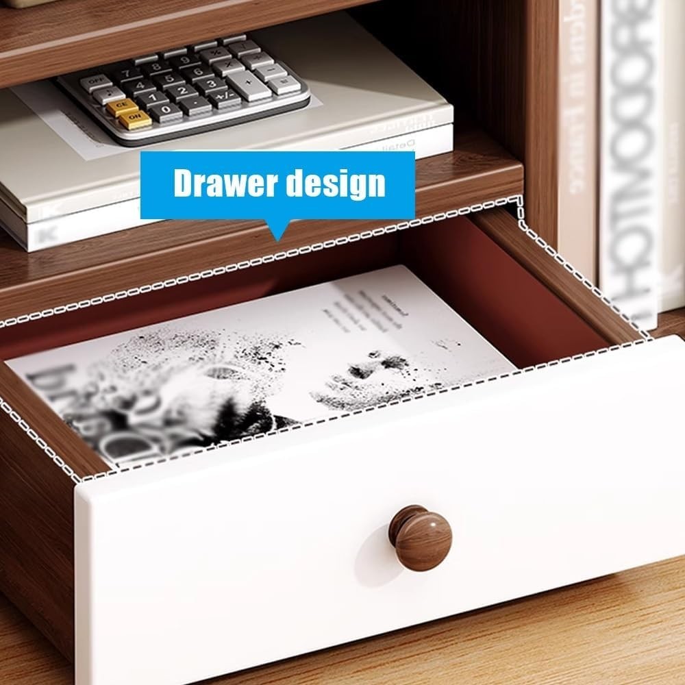 Wood Desktop Storage Rack w/ Drawer | Multi-Tier Office Bookshelf 56x17x25cm