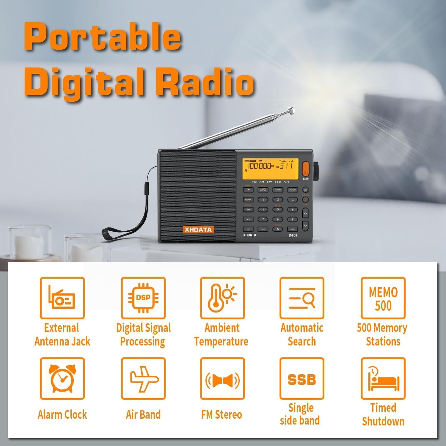 Portable Digital FM AM SW Radio Rechargeable External Antenna SSB RDS