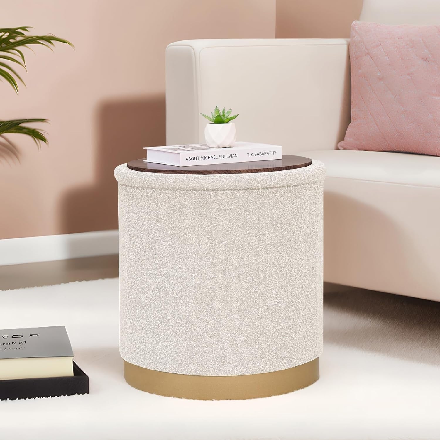 White Boucle Large Round Storage Ottoman Foldable Footstool with Tray Lid