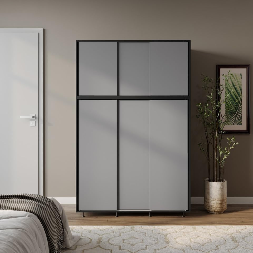 6-Door Grey Sliding Wardrobe with Adjustable Feet & Spacious Bedroom Storage