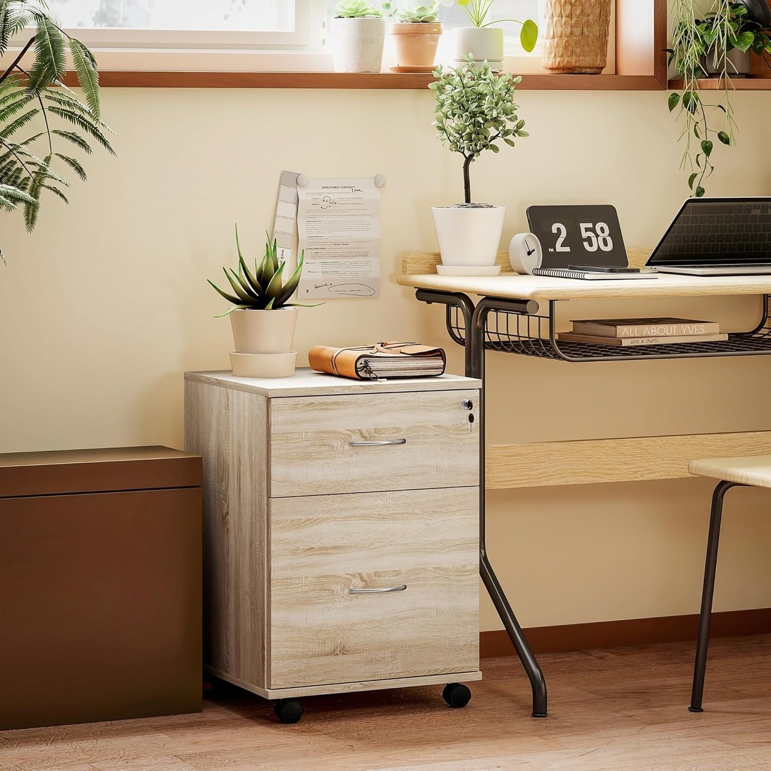 Oak Effect Locking Rolling File Cabinet 2 Drawer Under Desk Printer Unit