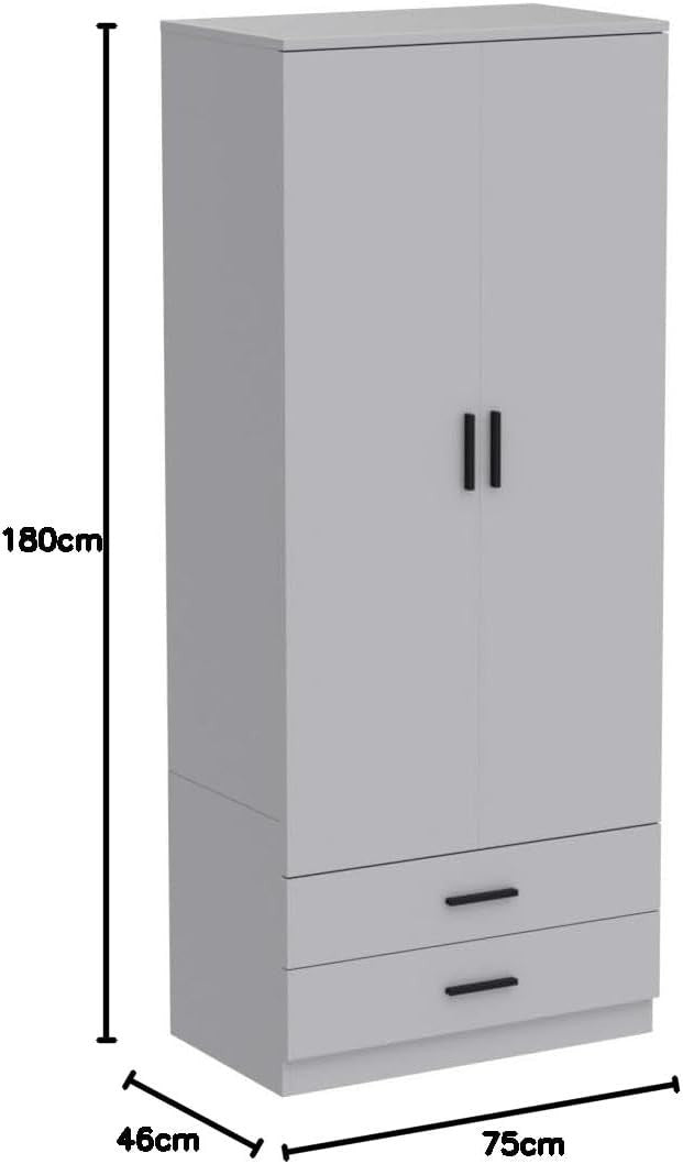 Tall Grey 2 Door Wardrobe with Grey Drawers & Hanging Rail | Bedroom Storage