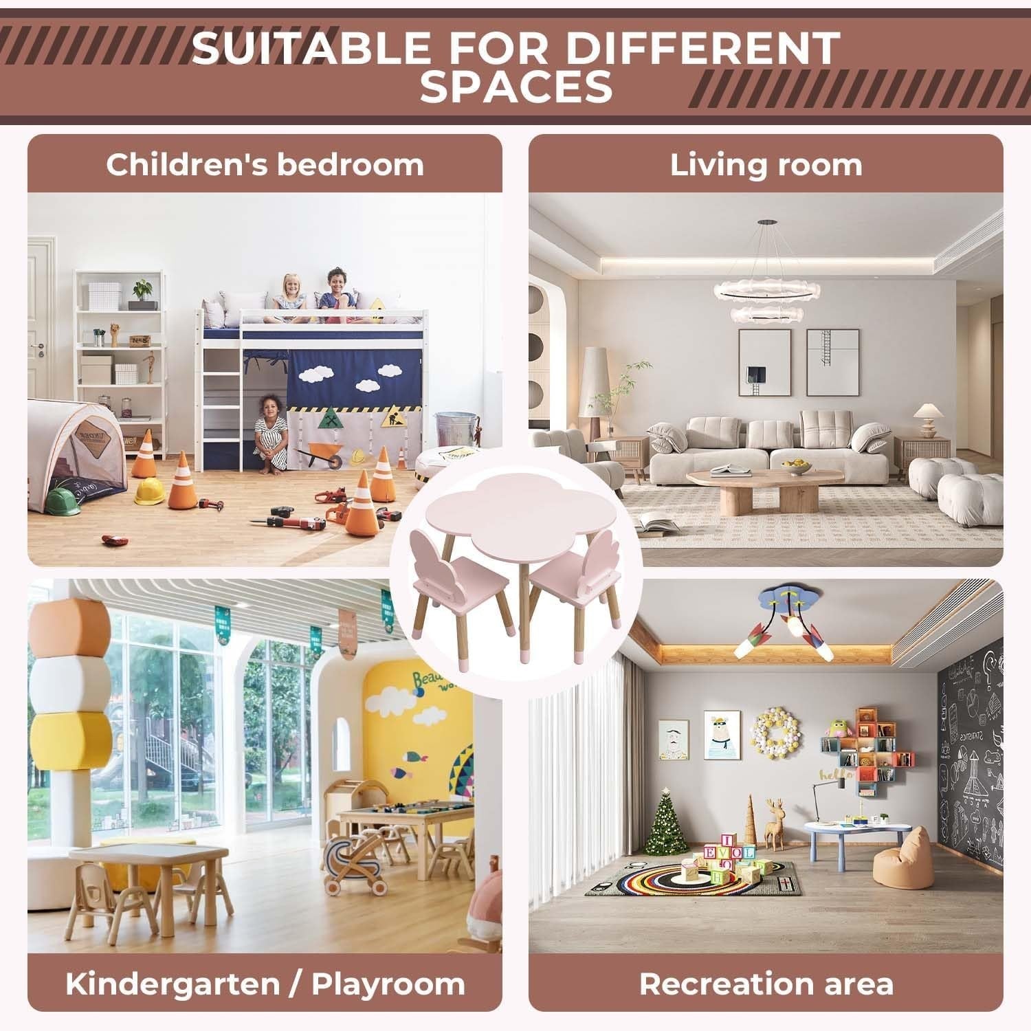 Kids Table & 2 Chairs Set Pink & Brown, Safe Rounded Edges, MDF Pine