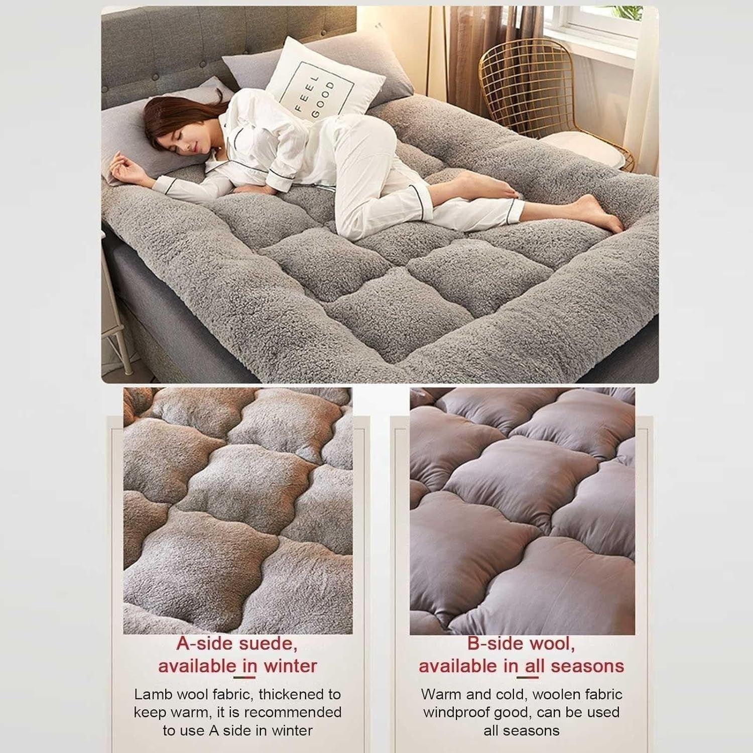 Extra Thick Shaggy Floor Mattress Queen Size Roll Up Bed Futon Pad Grey - Queen