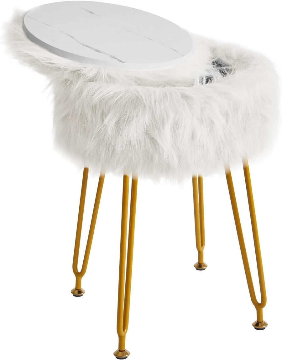 White Round Vanity Stool with Storage – Soft Furry Seat & Metal Legs