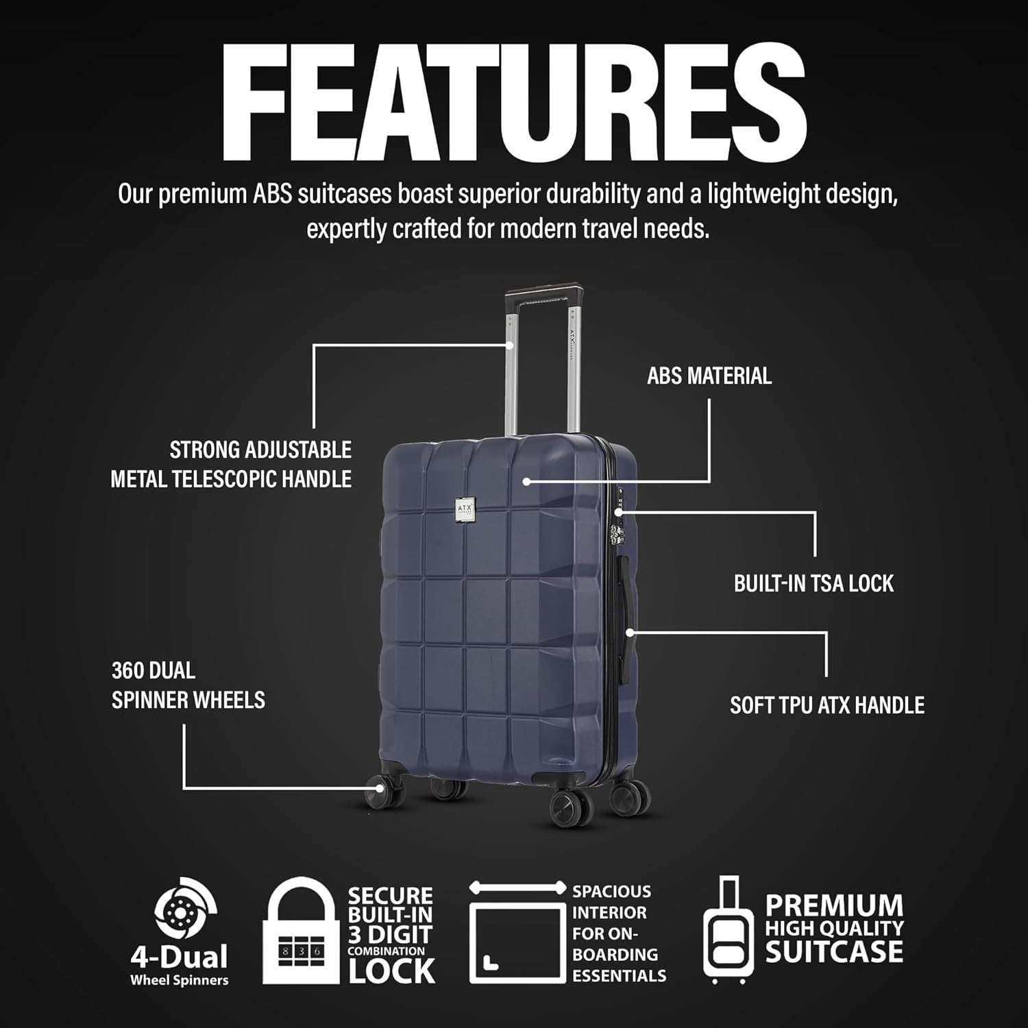 Medium Check In Suitcase 24 Inch ABS Hard Shell Dual Spinner TSA 65L