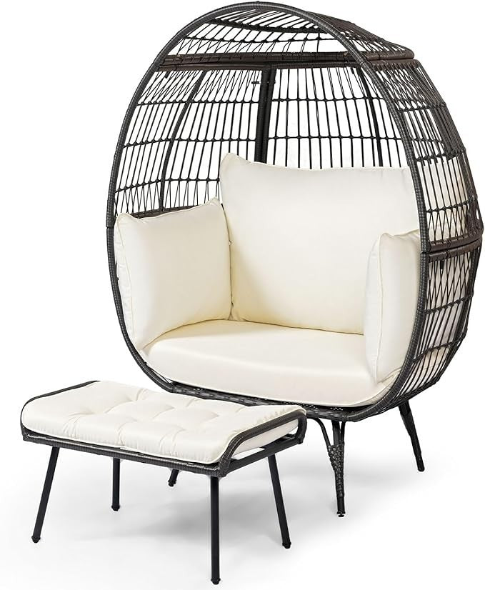 Extra Large Rattan Egg Chair with Footstool Outdoor Indoor Lounge Seat