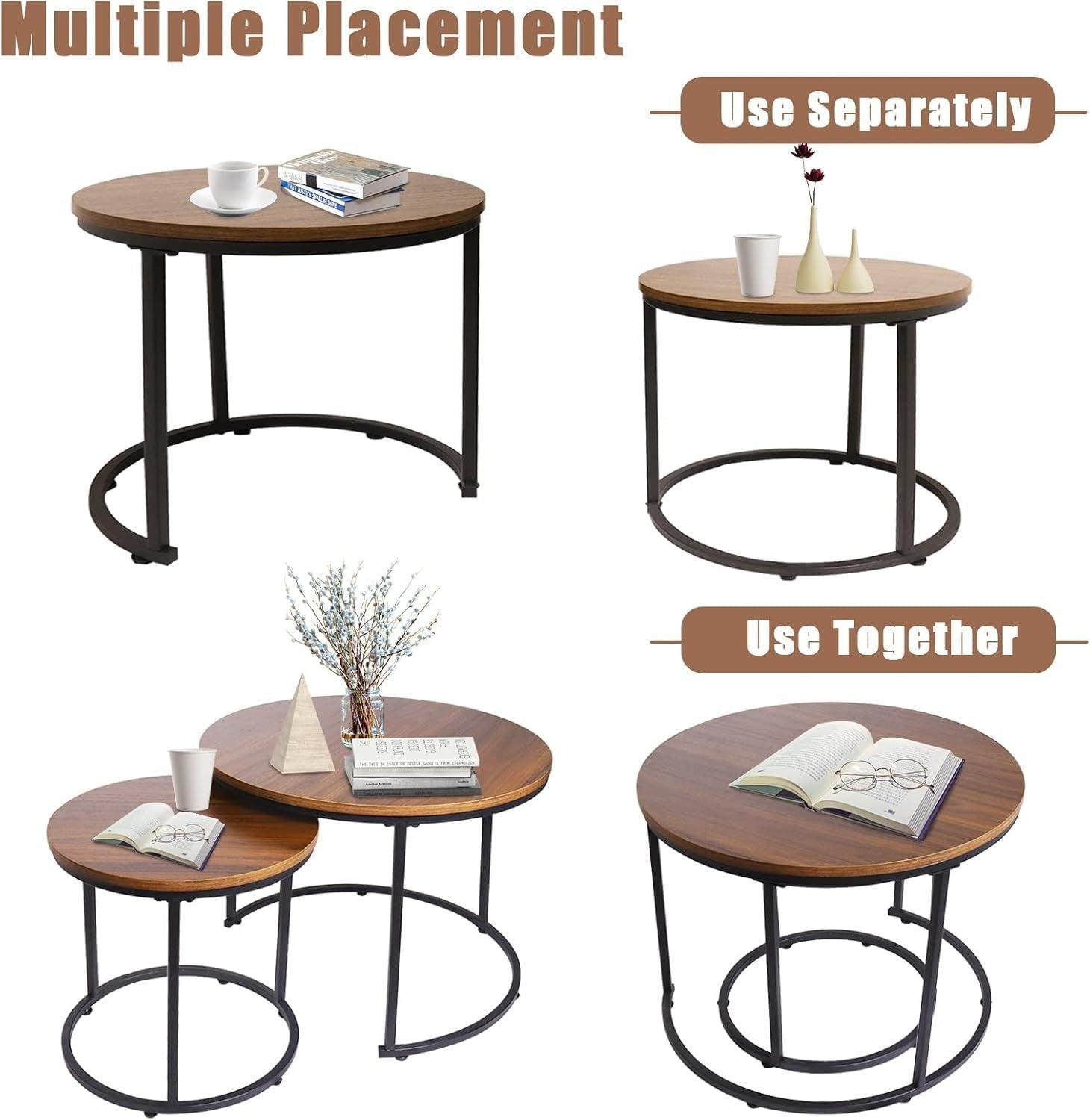 Nesting Coffee Table Set 2 Round End Tables Modern Side Desk Gray/Black