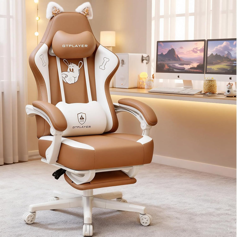 Reclining Gaming Chair w/ Footrest Cat Ears PU Leather Brown