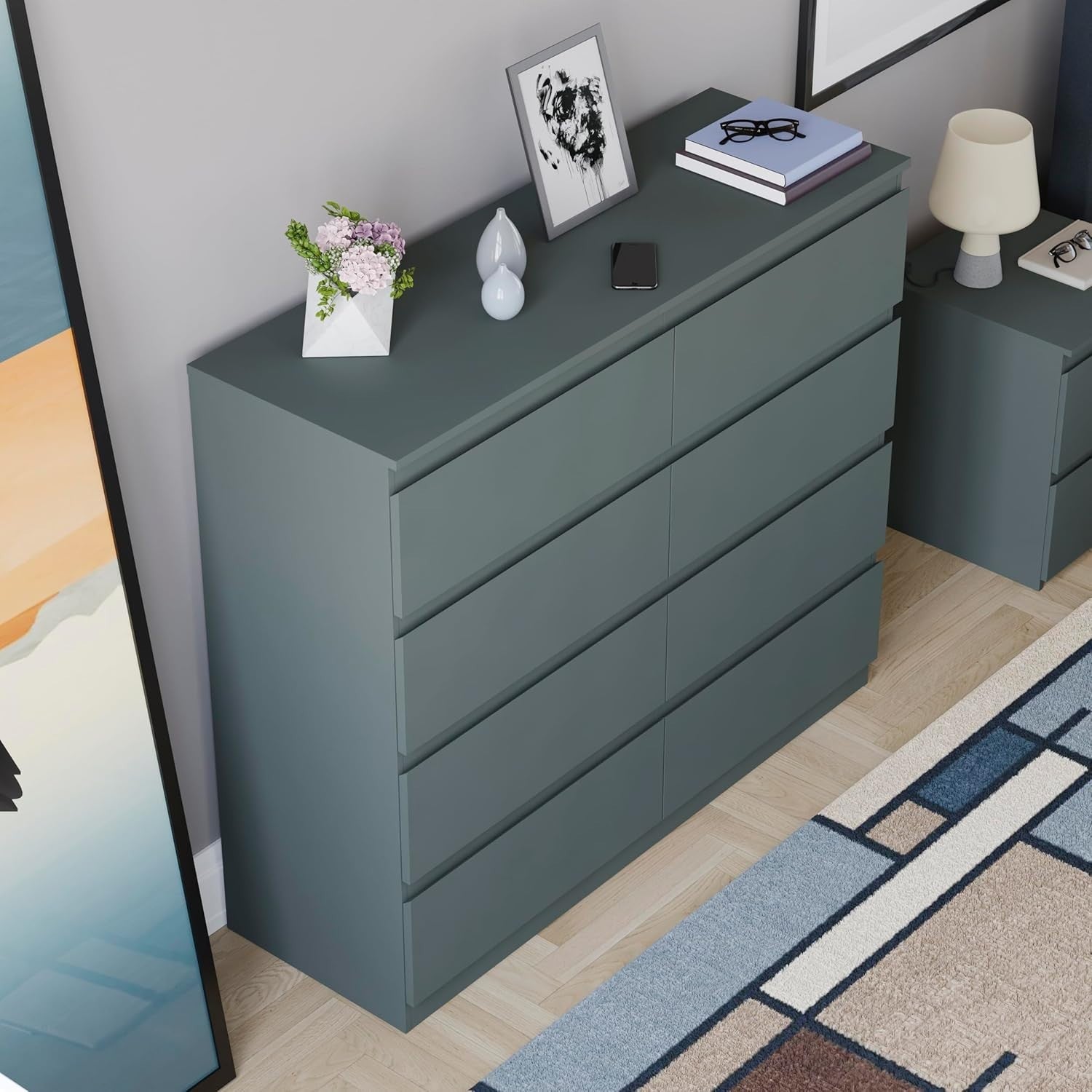 8 Drawer Chest Storage Unit Modern Wide Tall Cabinet Green Bedroom