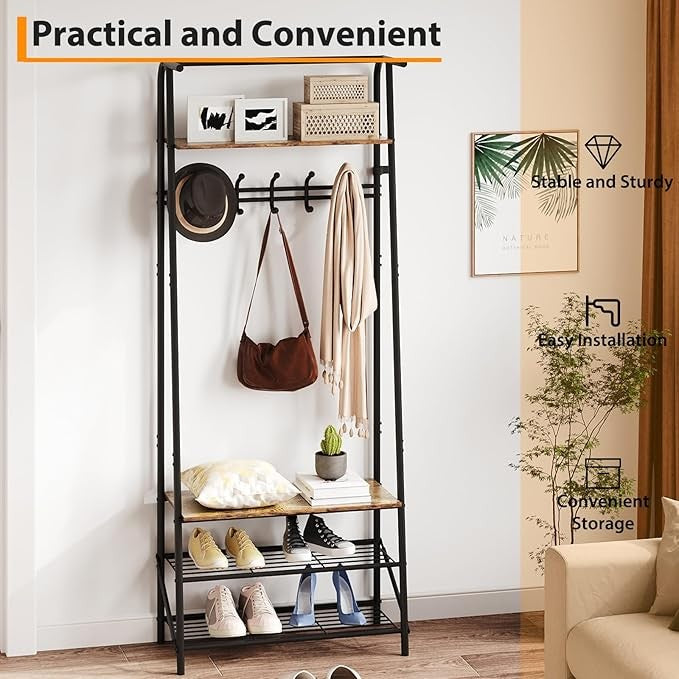 Brown 4-in-1 Coat Rack with Shoe Storage & 5 Hooks Freestanding Hall Tree