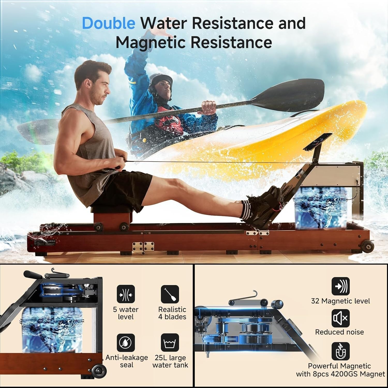 Triple-Fold Water & Magnetic Rowing Machine 32-Level Resistance App Rower 150KG