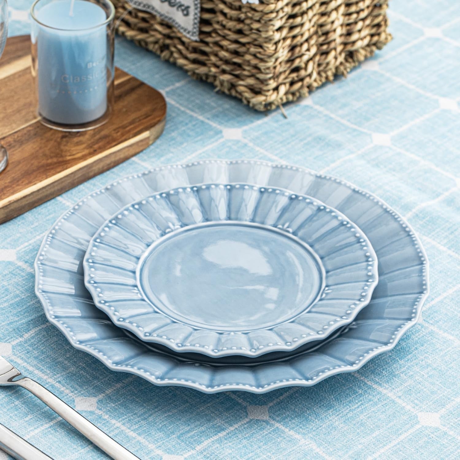 12 Piece Porcelain Dinner Set Blue Plates Bowls Microwave Dishwasher Safe