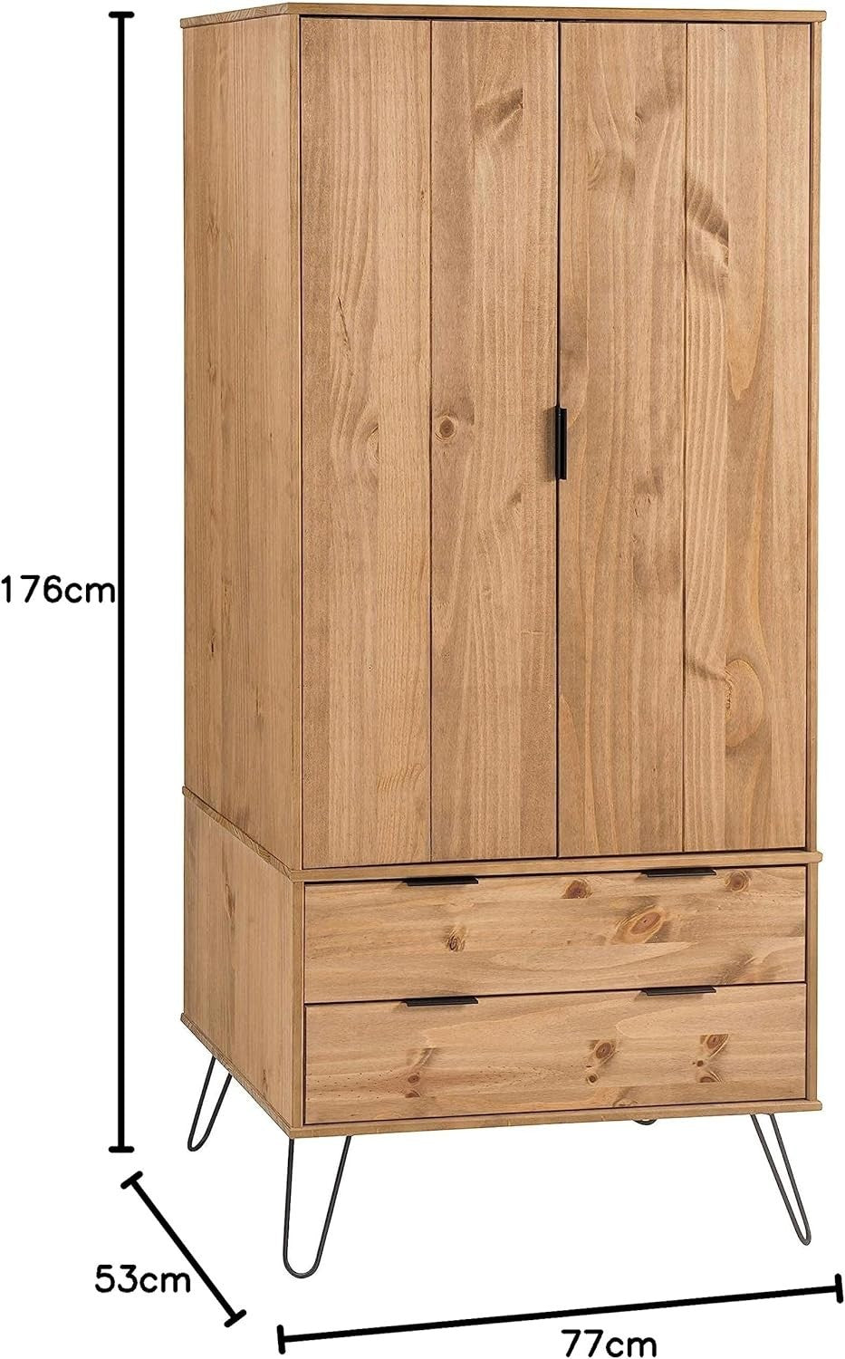 Wardrobe Cabinet with Drawers & Hanging Rail, Pine Wood Storage Unit